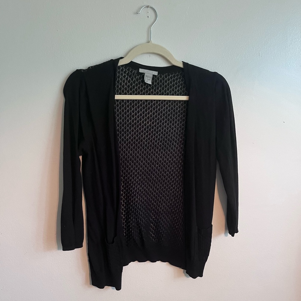 H&M small black cardigan. Lace detailing at back & pockets so airy for s…